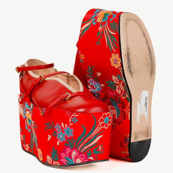 Gucci Hibiscus Red Malaga Kid Silk Hannelore Detachable Platform Slide - Picture 4 of 13